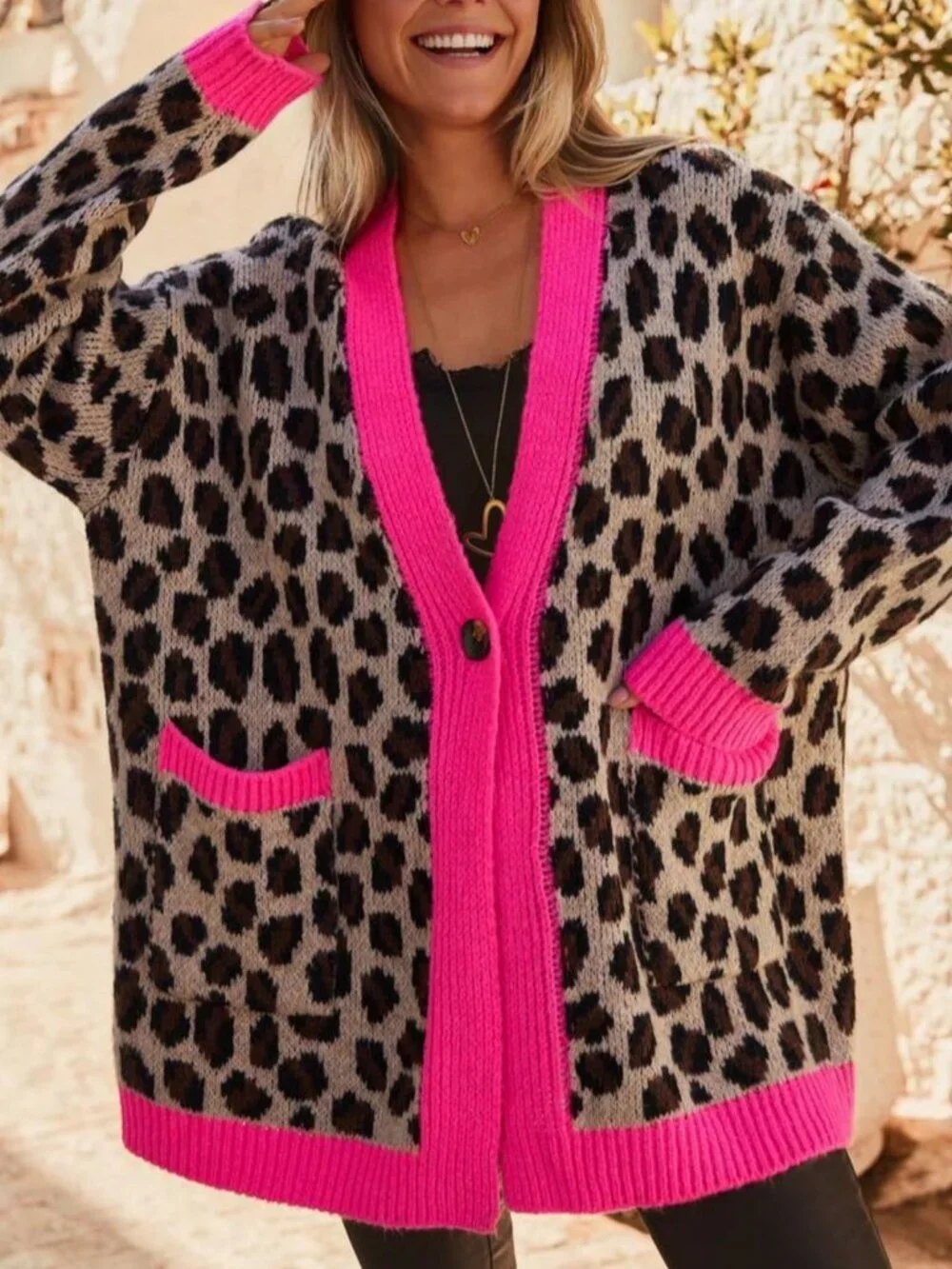 Multicolor Women's Leopard Print Contrast Binding V-Neck Button Cardigan